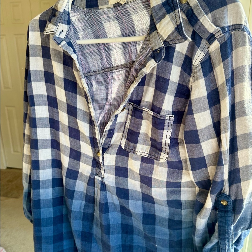Blue and White Plaid Button-Up Shirt